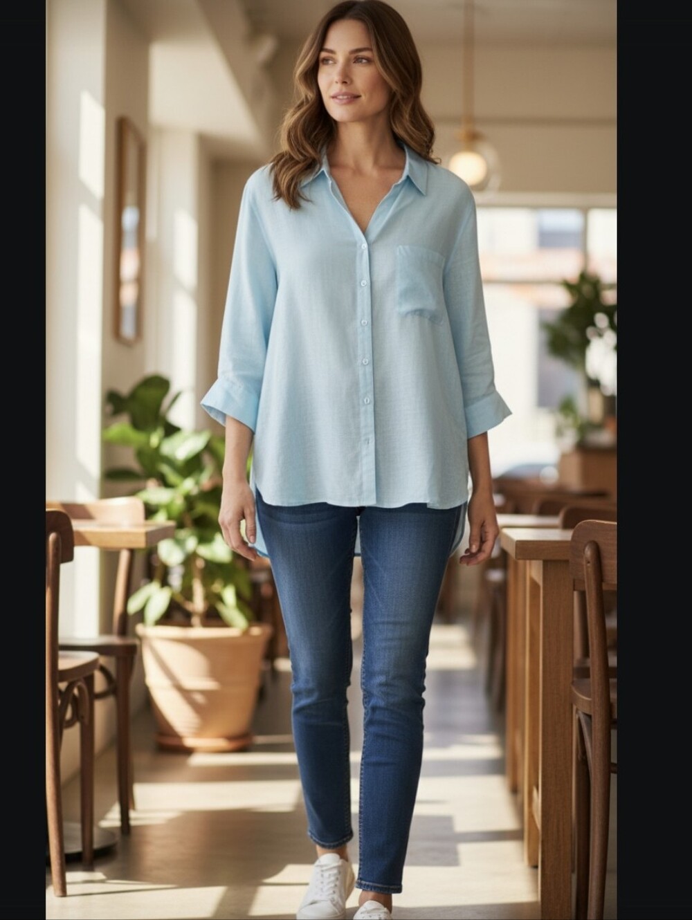 Chico's Light Blue Buttondown Linen No Iron Casual Collared Top